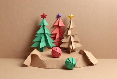 The primary subject of the image is a paper Christmas tree, which is the main object in the scene. The setting is a table, and the visual style is a combination of photo and digital art. The colors and mood of the image are predominantly green, red, and yellow, creating a festive and joyful atmosphere.